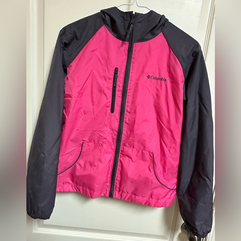 Columbia Kids Pink and Gray Hooded Rain Jacket